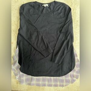 LOFT Sweater Blouse Black with Vibrant Plaid Detail Women’s Size Large